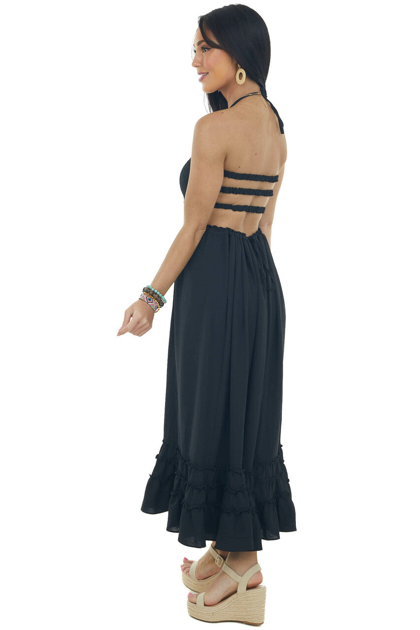 Black Smocked Open Back Halter Midi Dress