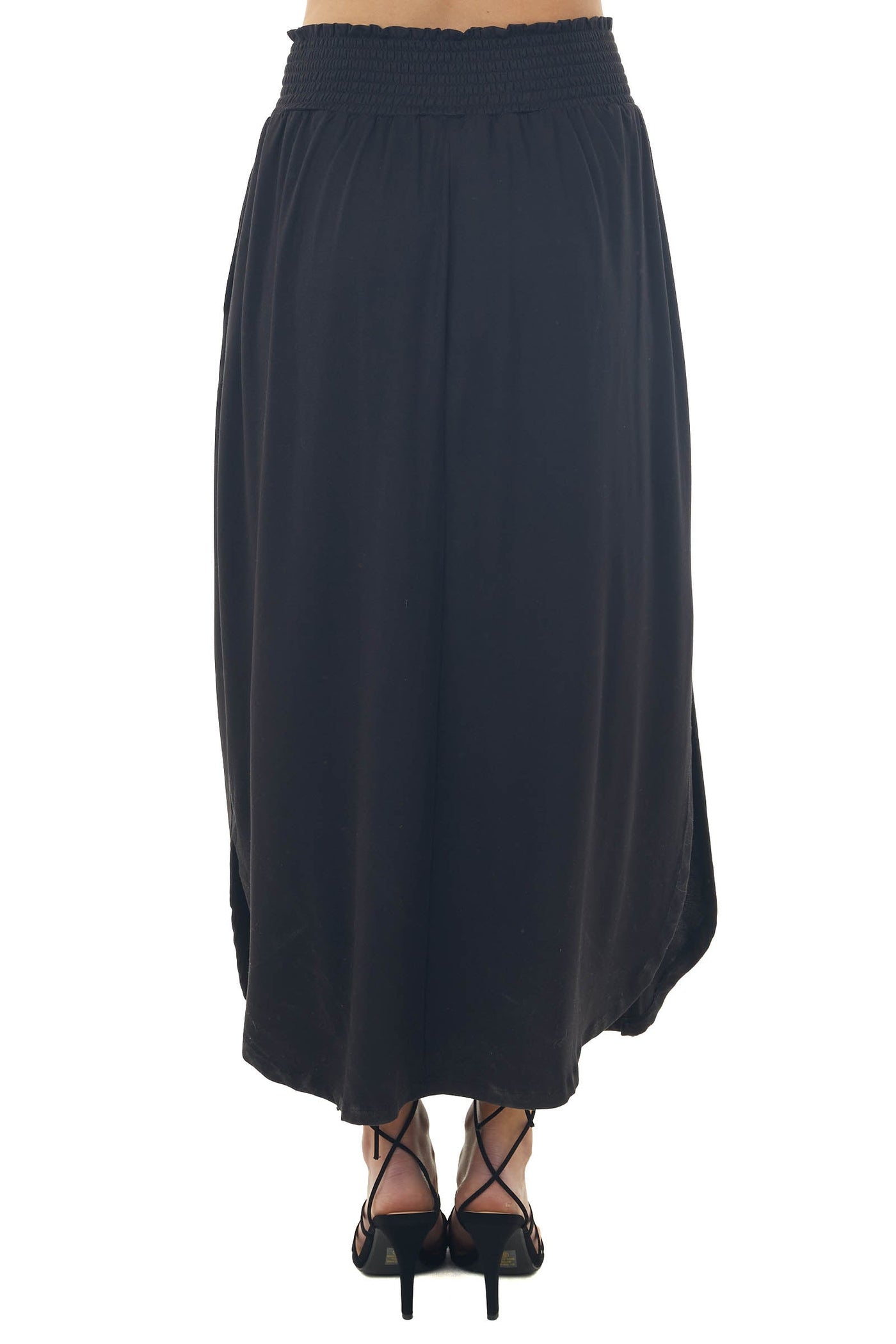 Black Smocked Waist Curved Hem Slit Maxi Skirt