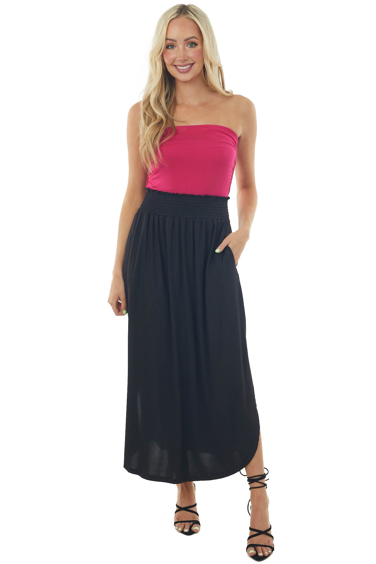 Black Smocked Waist Curved Hem Slit Maxi Skirt