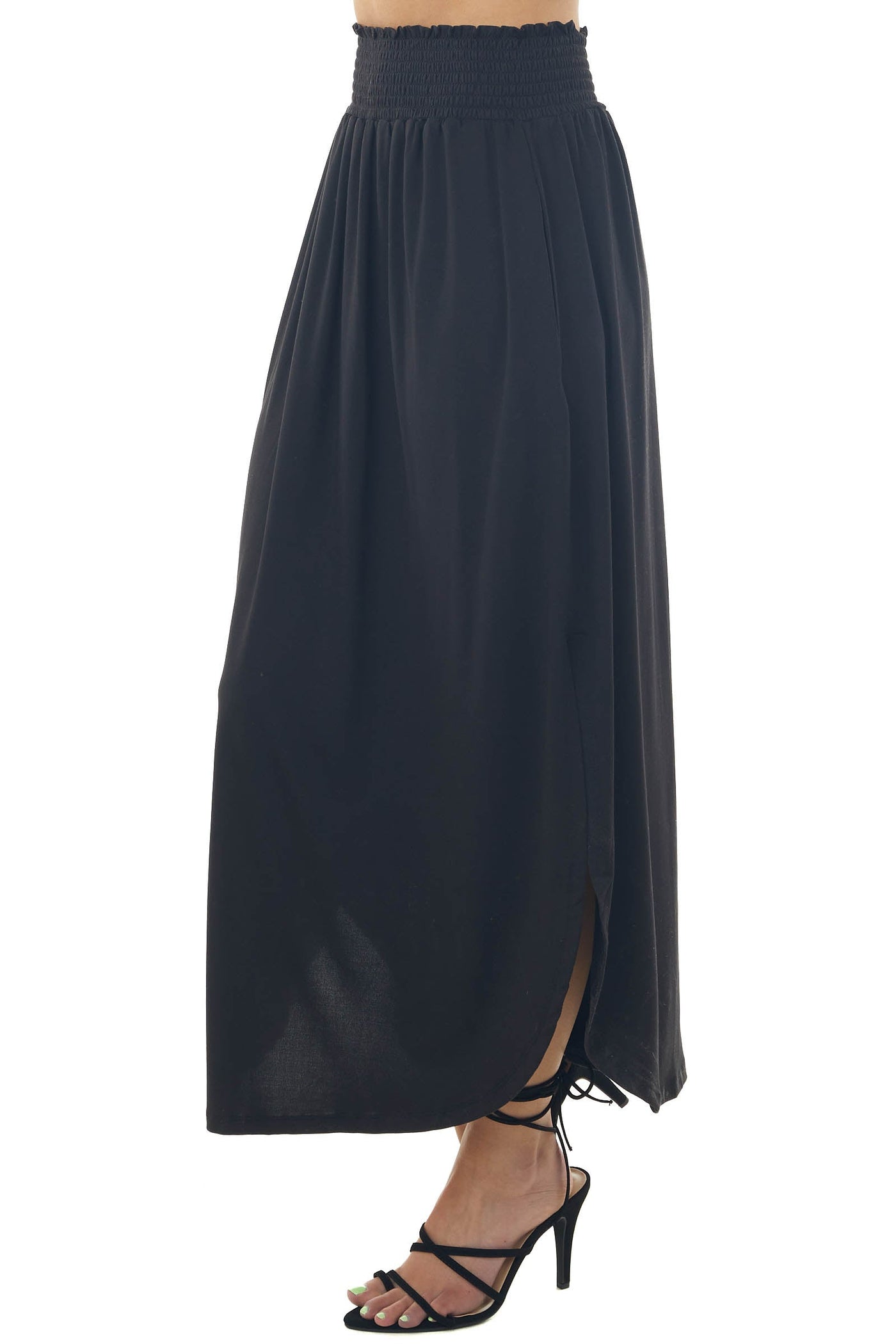 Black Smocked Waist Curved Hem Slit Maxi Skirt