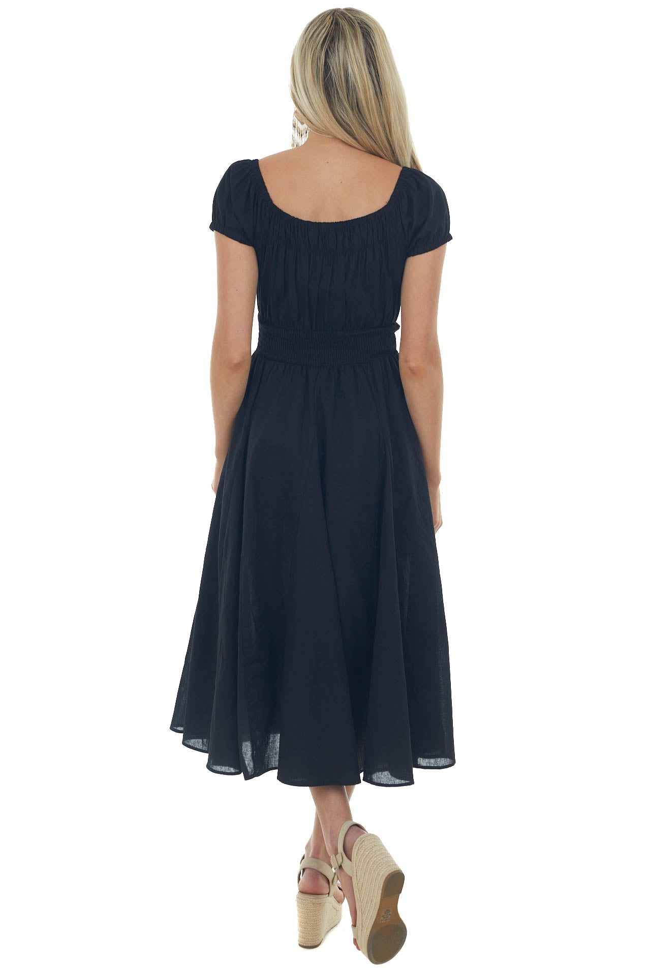 Black Smocked Waist Peasant Style Midi Dress 