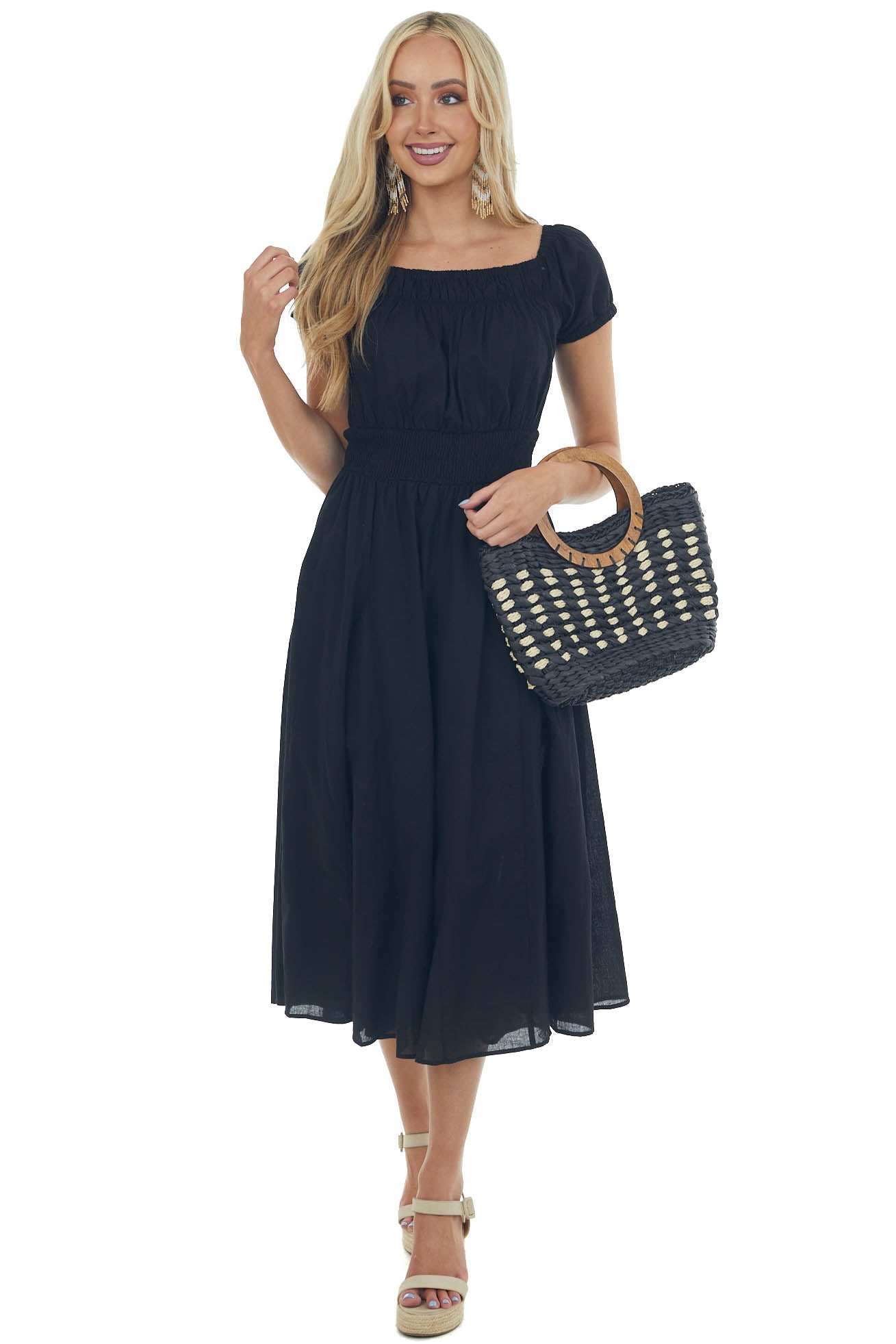 Black Smocked Waist Peasant Style Midi Dress 