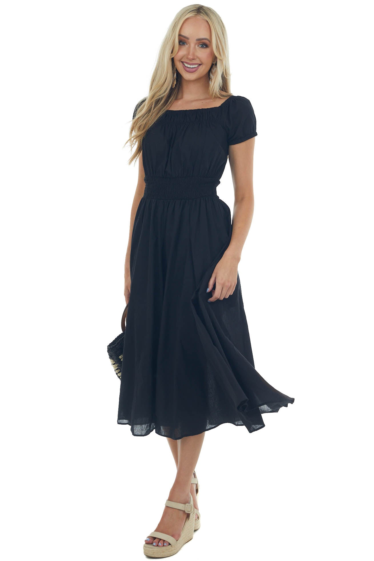 Black Smocked Waist Peasant Style Midi Dress 