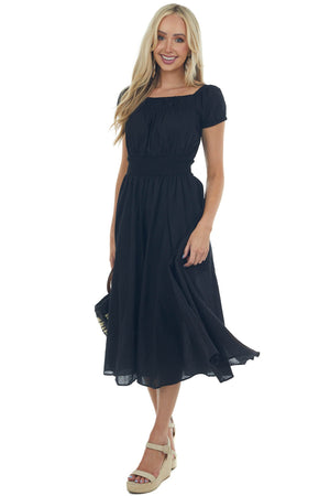 Black Smocked Waist Peasant Style Midi Dress 