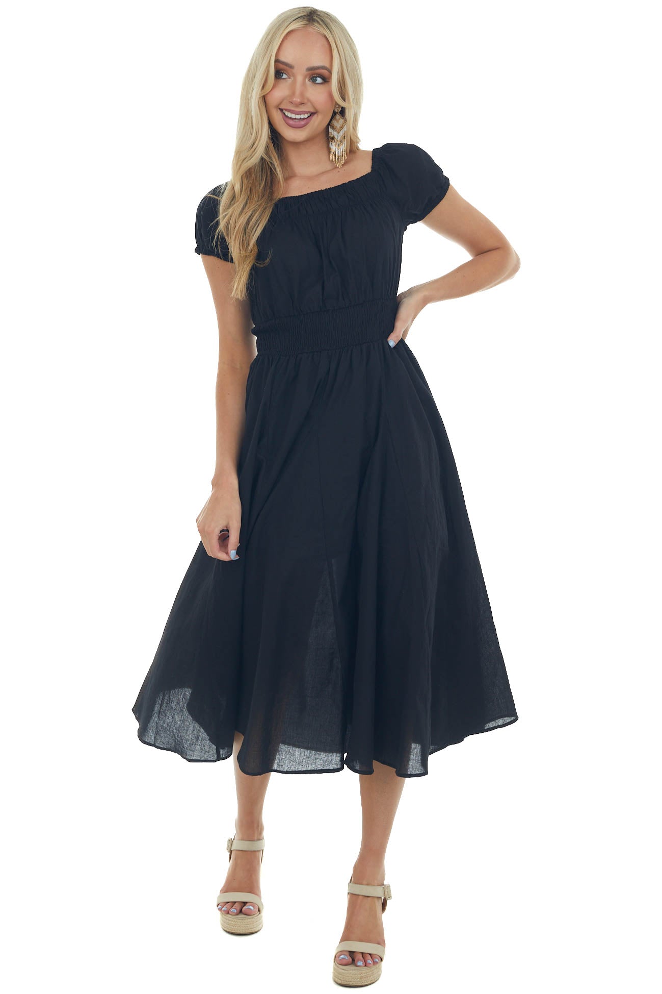 Black Smocked Waist Peasant Style Midi Dress 