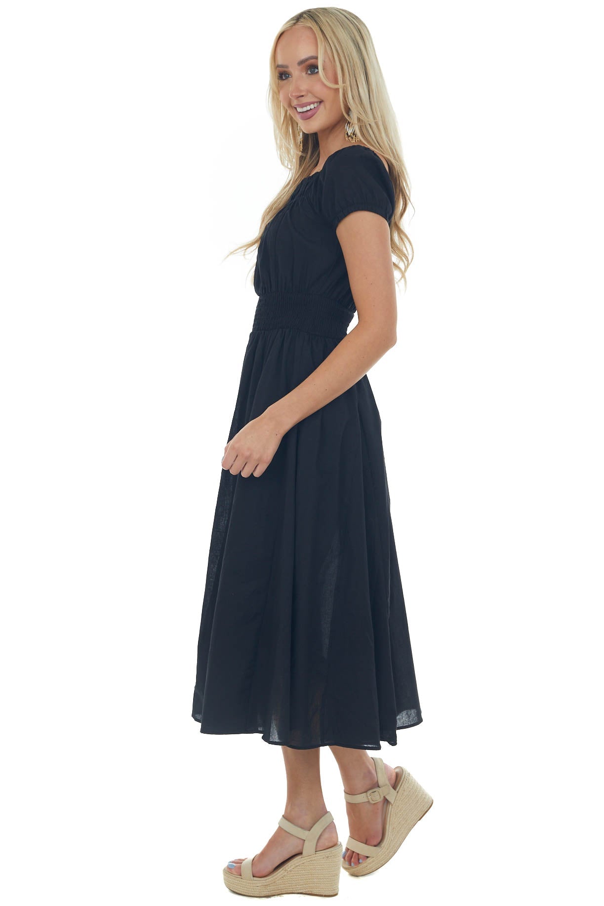Black Smocked Waist Peasant Style Midi Dress 