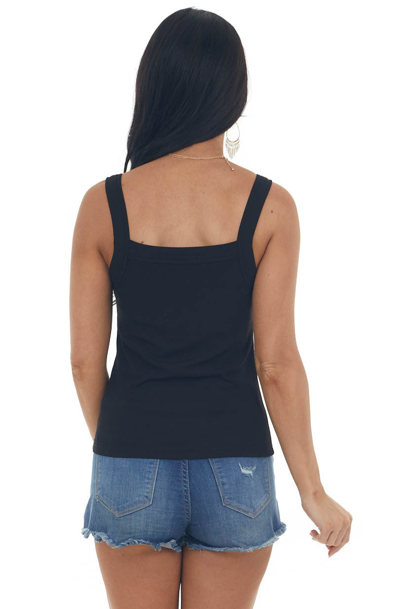 Black Square Neck Tiered Trim Knit Tank Top 