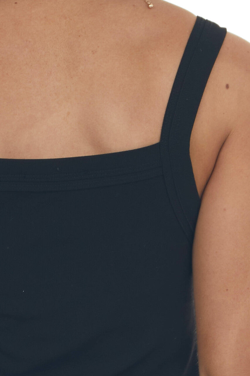 Black Square Neck Tiered Trim Knit Tank Top 