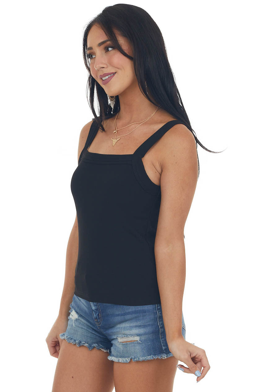 Black Square Neck Tiered Trim Knit Tank Top 