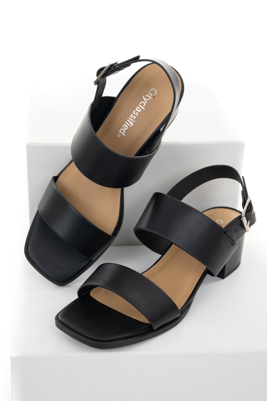 Black Square Toe Sling Back Heeled Sandals