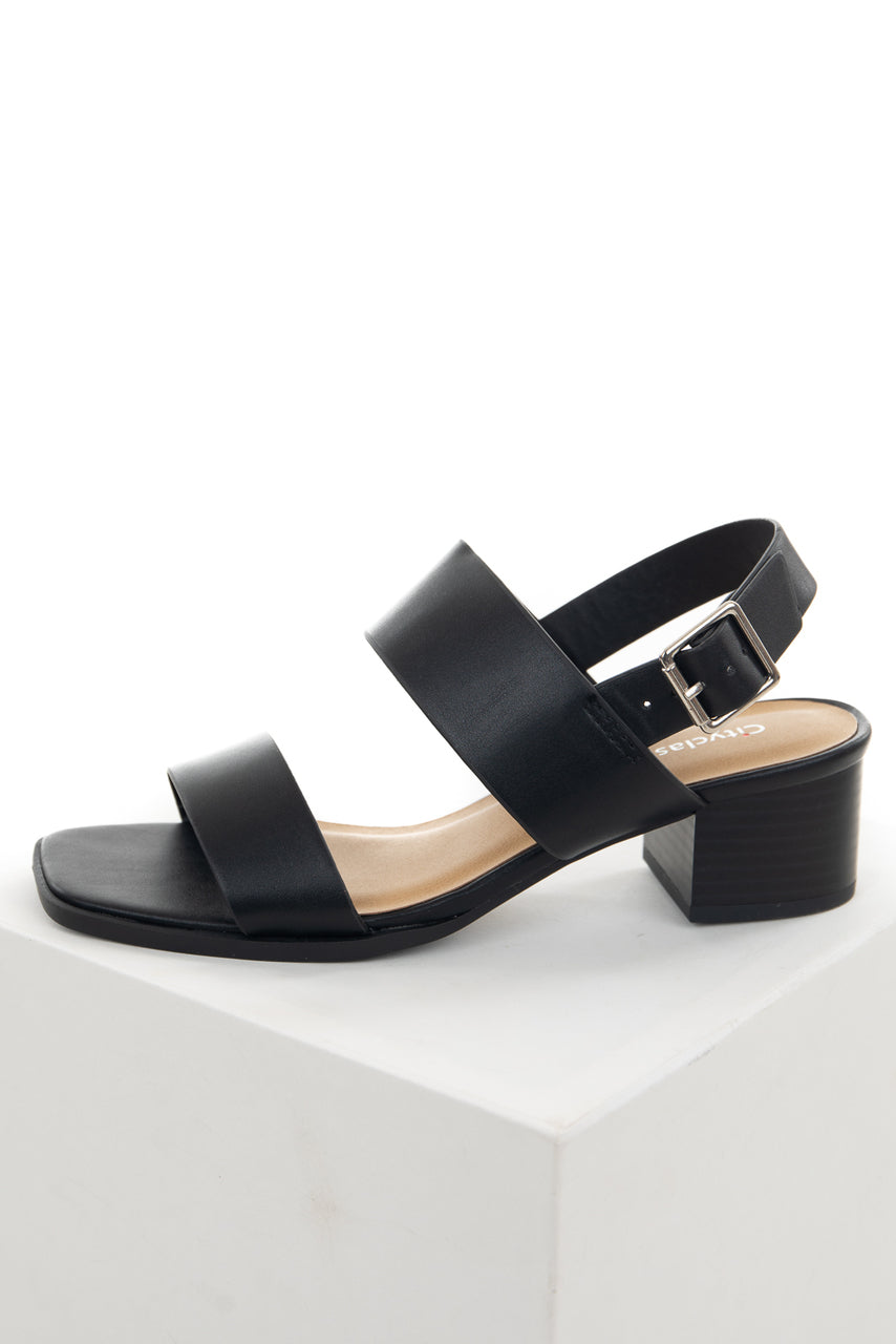 Black Square Toe Sling Back Heeled Sandals