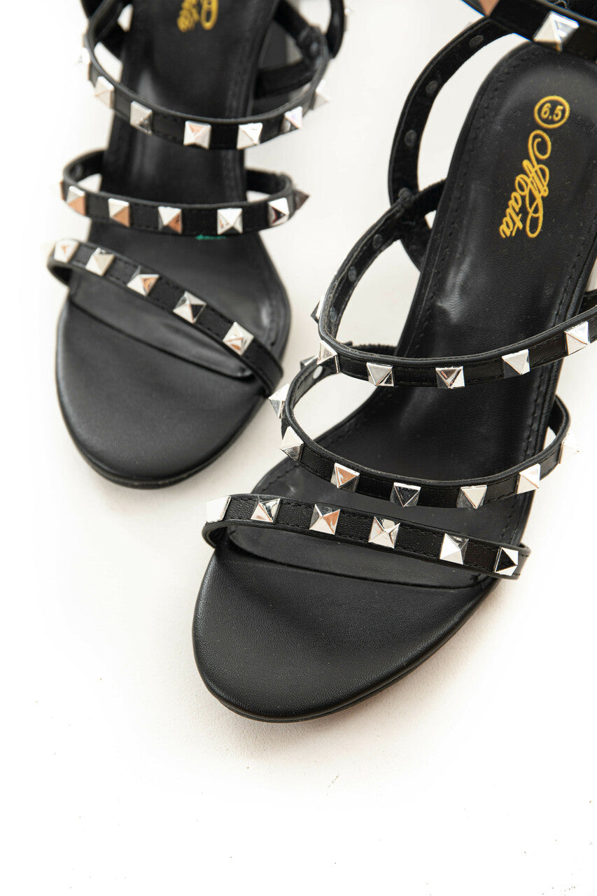 Black Strappy Open Toe Stud Block Heels 
