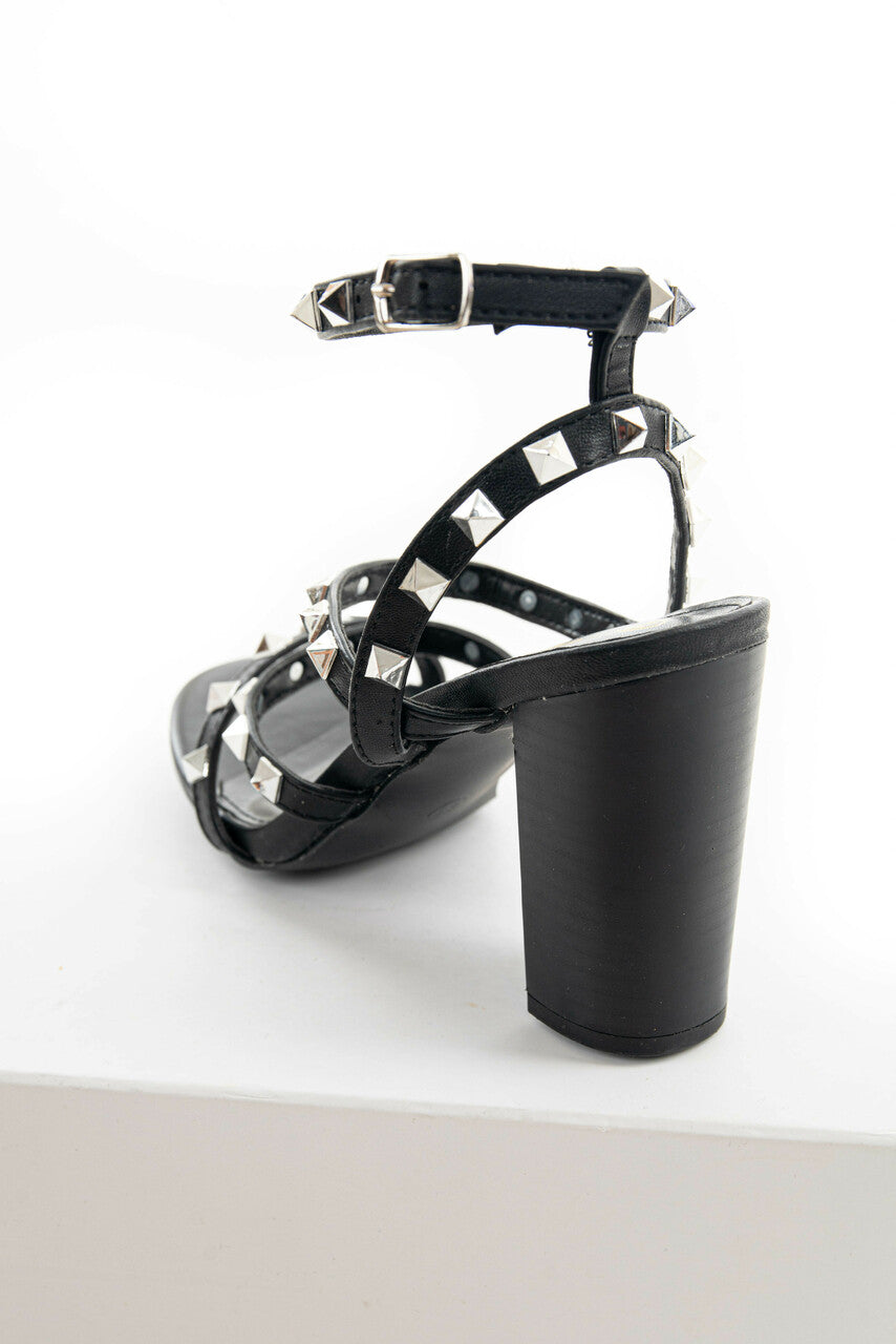 Black Strappy Open Toe Stud Block Heels 