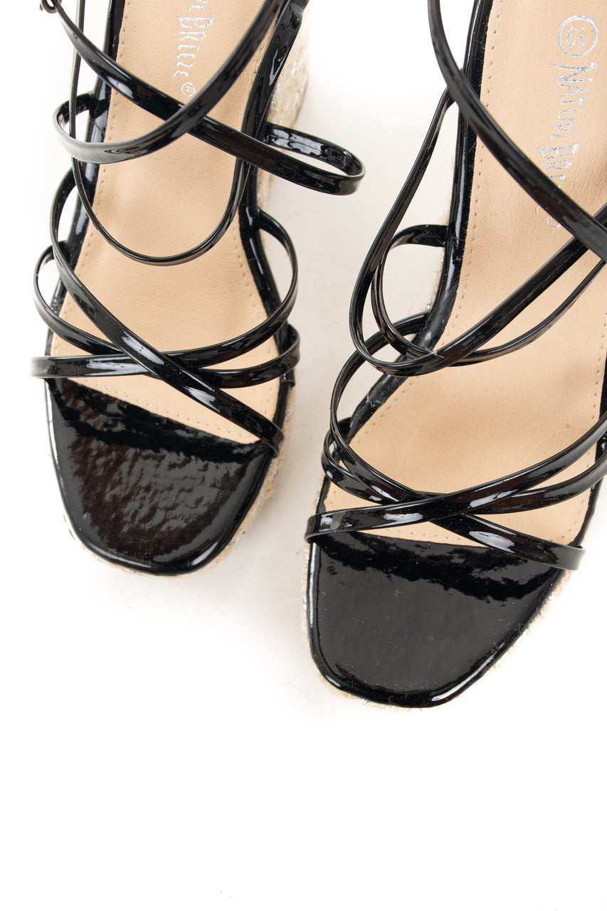 Black Strappy Silver Thread Espadrille Wedges