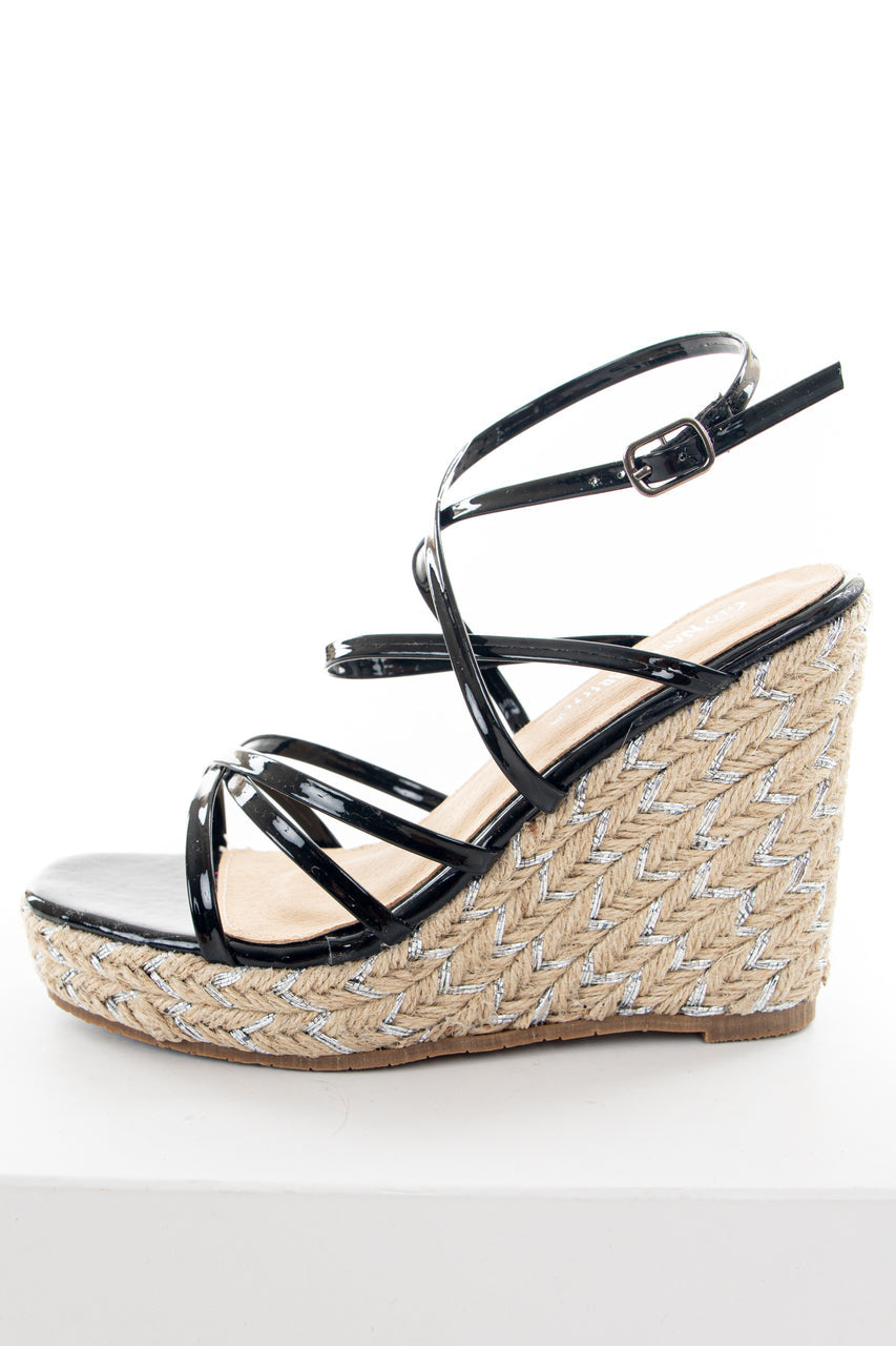 Black Strappy Silver Thread Espadrille Wedges