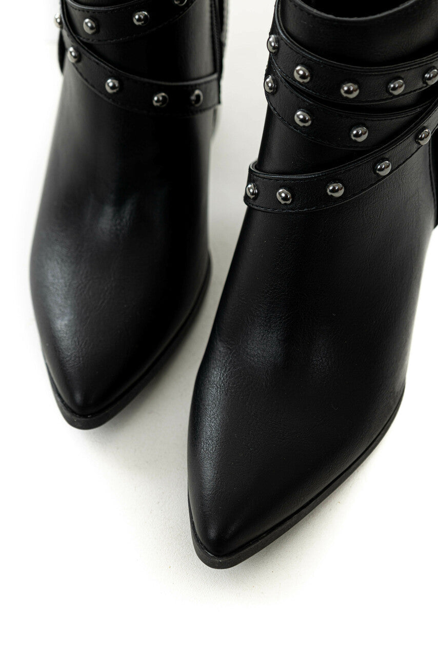 Black Strappy Studded Pointed Toe Booties 