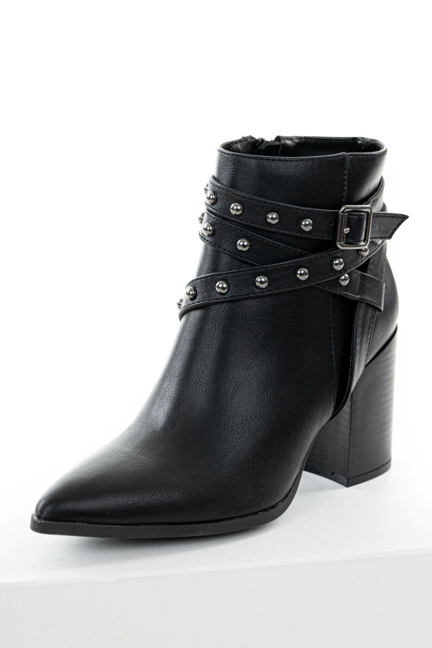 Black Strappy Studded Pointed Toe Booties 