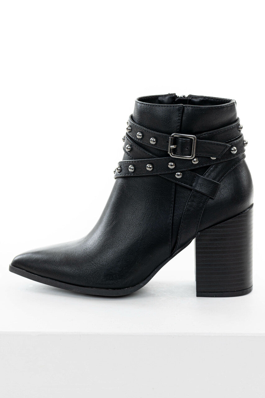 Black Strappy Studded Pointed Toe Booties 