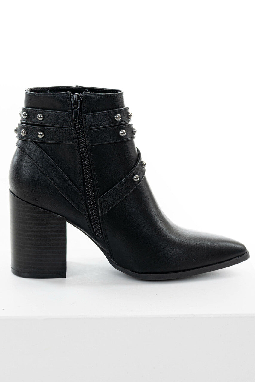 Black Strappy Studded Pointed Toe Booties 