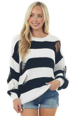 Black Striped Chenille Sweater with Distressing