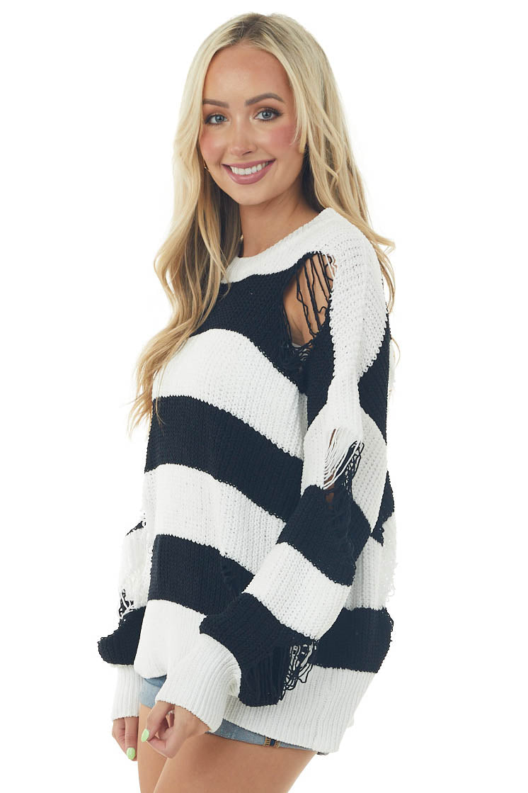 Black Striped Chenille Sweater with Distressing