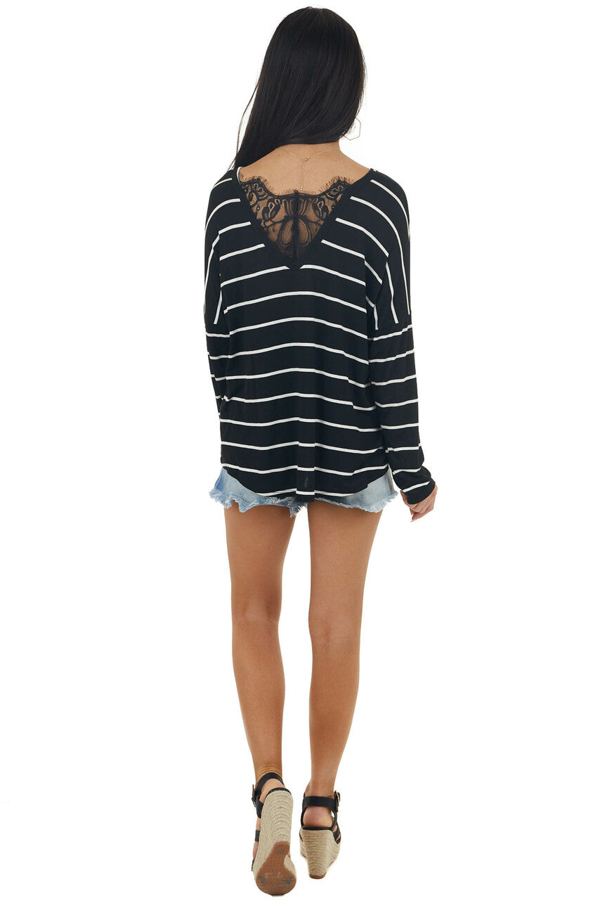 Black Striped Long Sleeve Knit Top with Back Lace Detail 