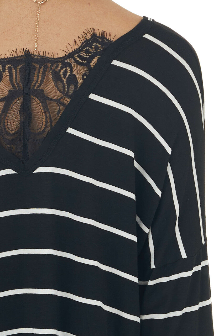 Black Striped Long Sleeve Knit Top with Back Lace Detail 