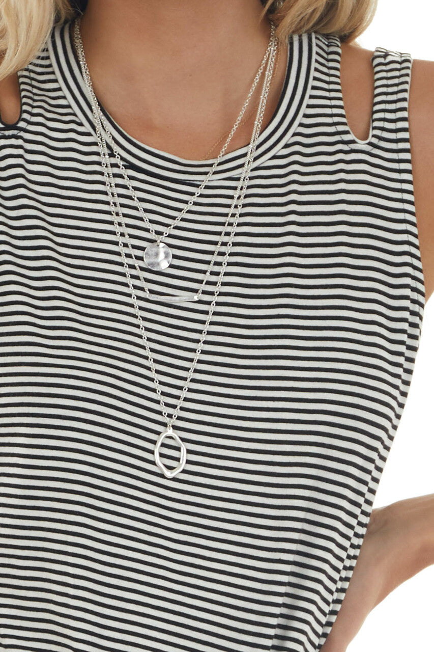 Black Striped Shoulder Cut Out Knit Tank Top with Front Tie