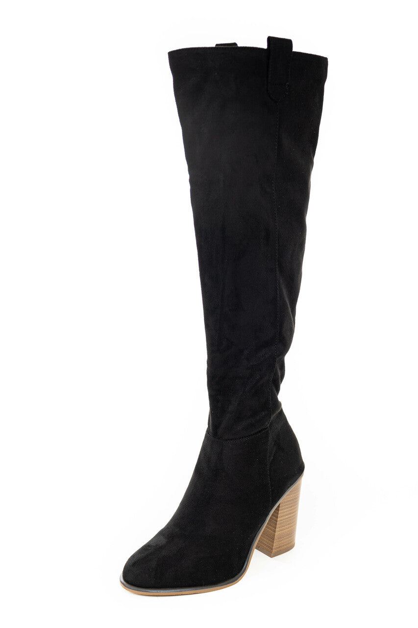 Black Suede Block Heel Knee High Boots