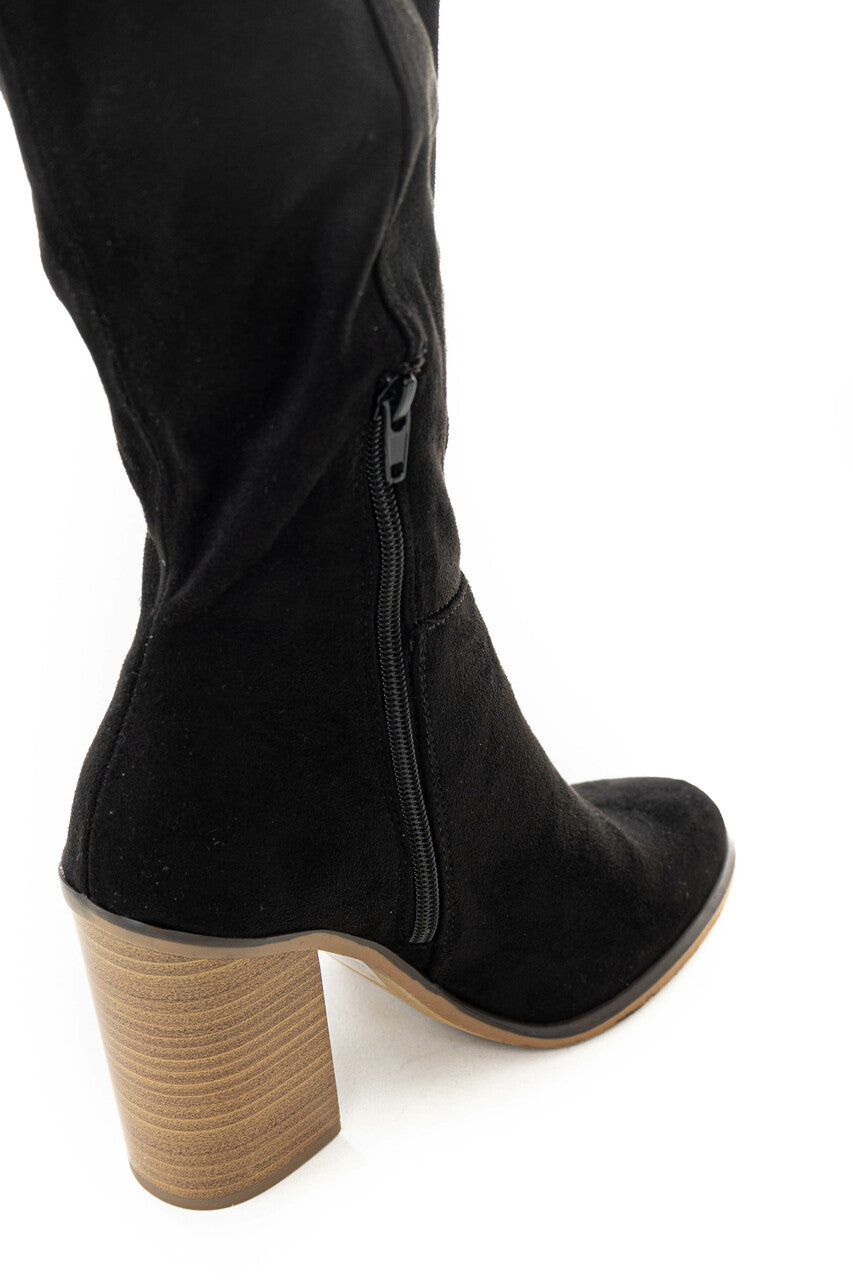 Black Suede Block Heel Knee High Boots