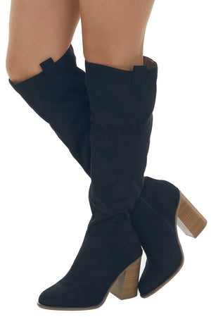 Black Suede Block Heel Knee High Boots