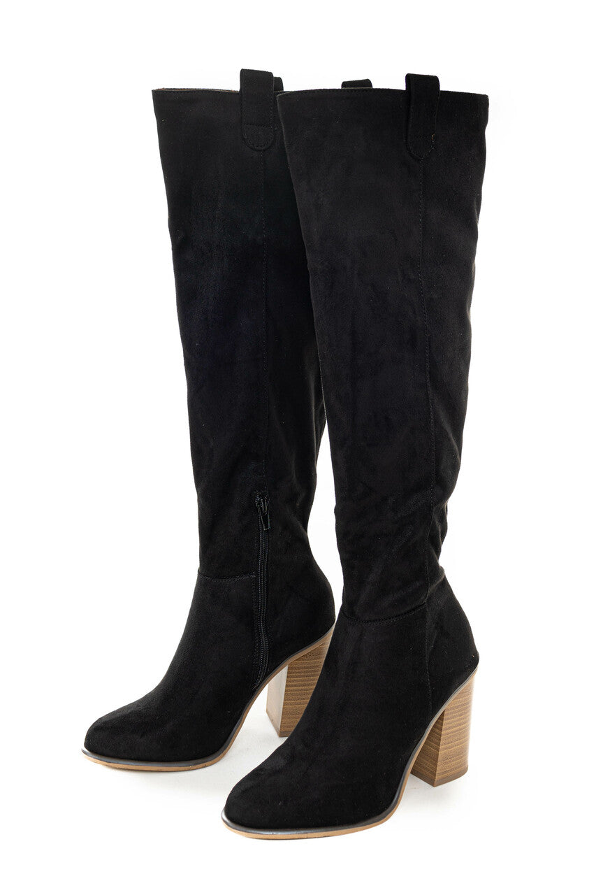 Black Suede Block Heel Knee High Boots