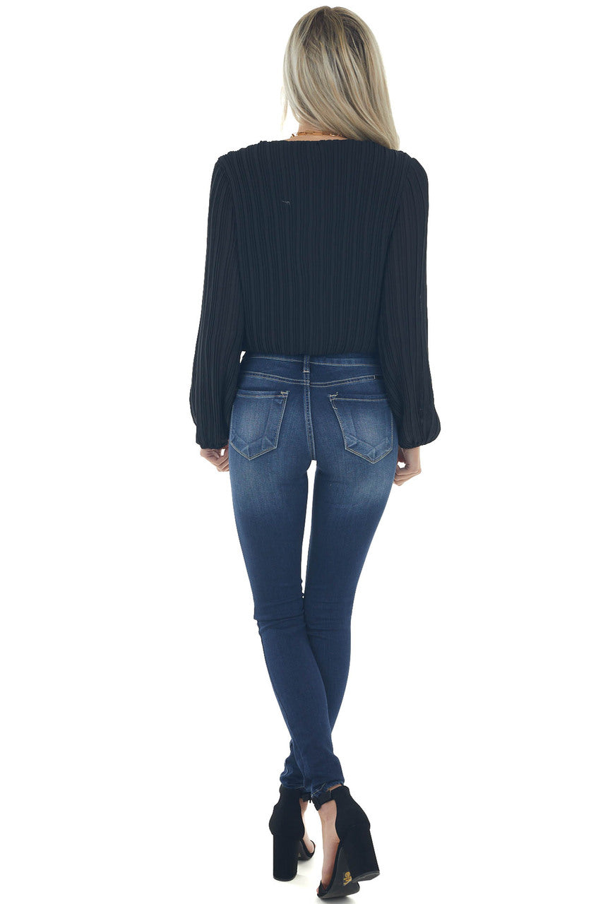 Black Surplice Long Sleeve Pleated Blouse