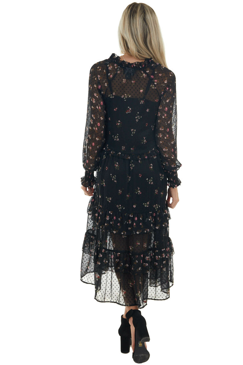 Black Swiss Dot Floral Print Maxi Dress 