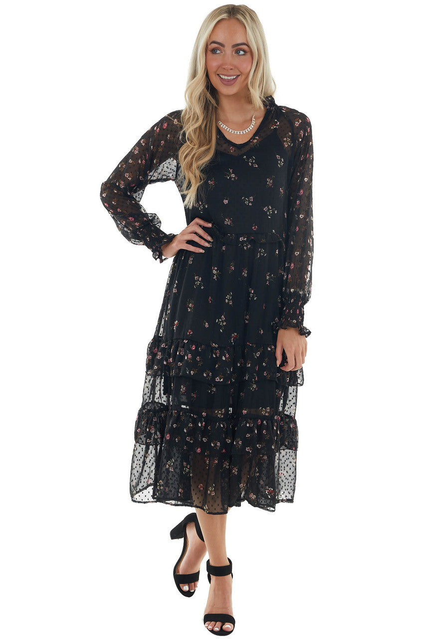 Black Swiss Dot Floral Print Maxi Dress 