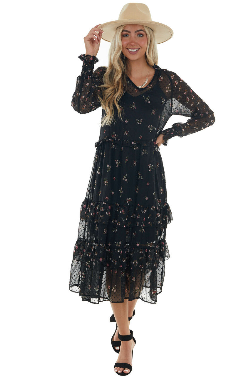 Black Swiss Dot Floral Print Maxi Dress 