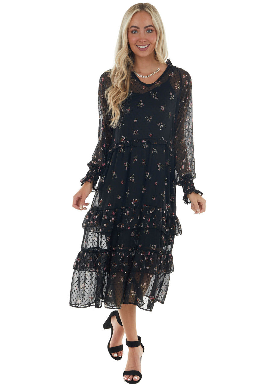 Black Swiss Dot Floral Print Maxi Dress 