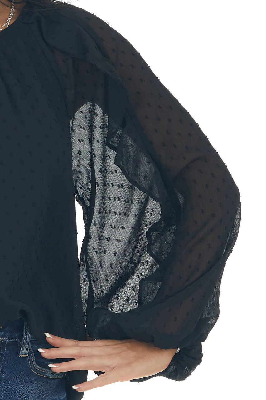 Black Swiss dot Peasant Sleeve Woven Blouse