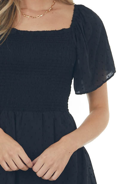 Black Swiss Dot Smocked Mini Skater Dress