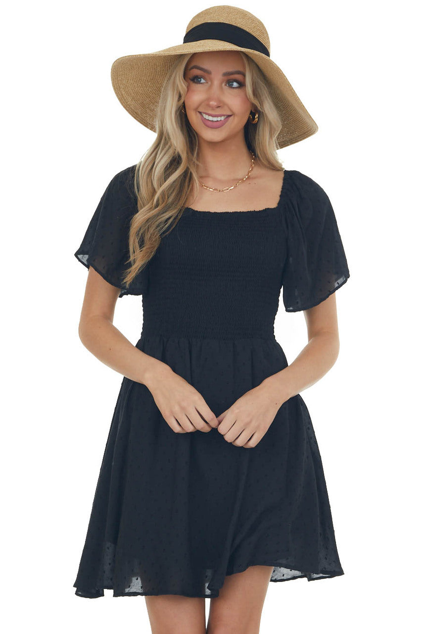 Black Swiss Dot Smocked Mini Skater Dress