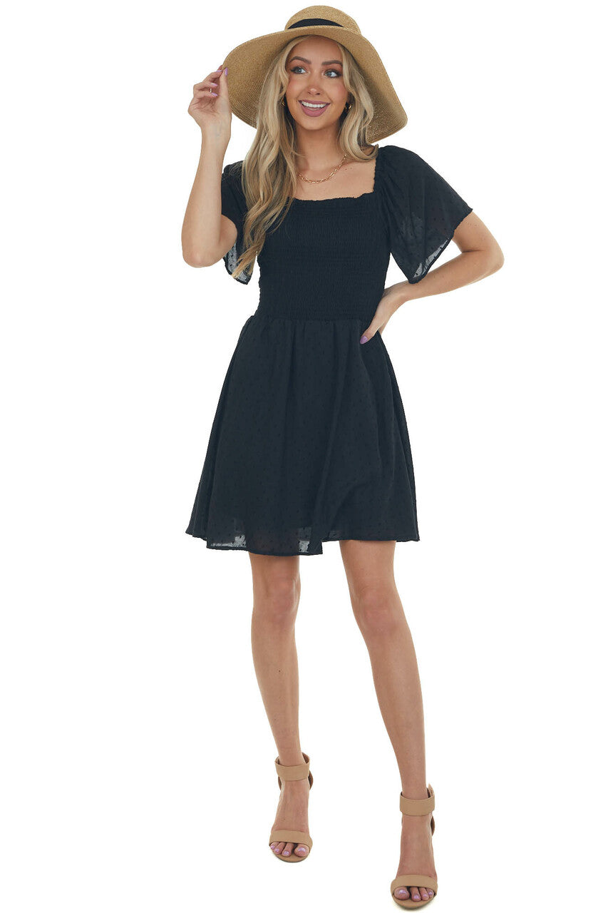 Black Swiss Dot Smocked Mini Skater Dress