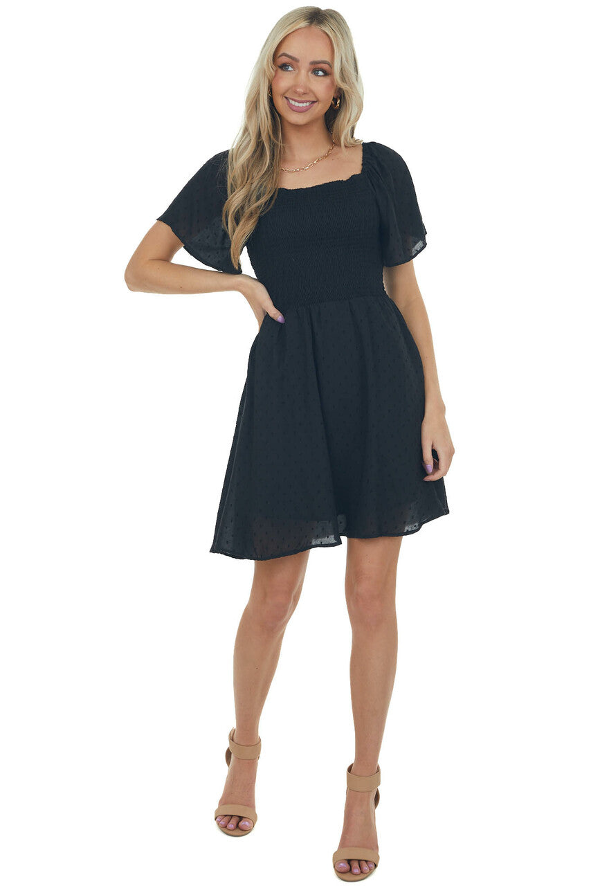 Black Swiss Dot Smocked Mini Skater Dress