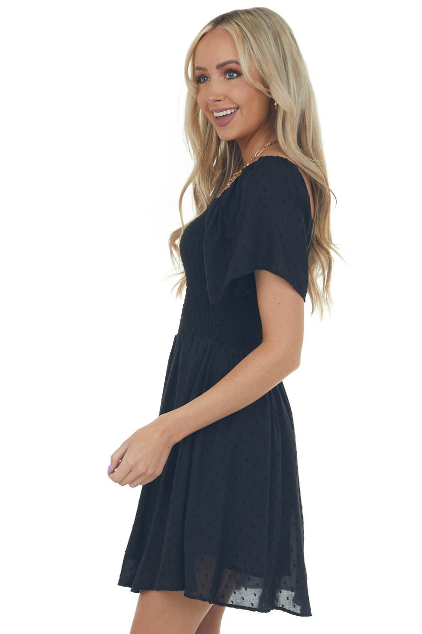 Black Swiss Dot Smocked Mini Skater Dress