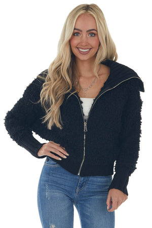 Black Teddy Turtleneck Zip Up Sweater Jacket 