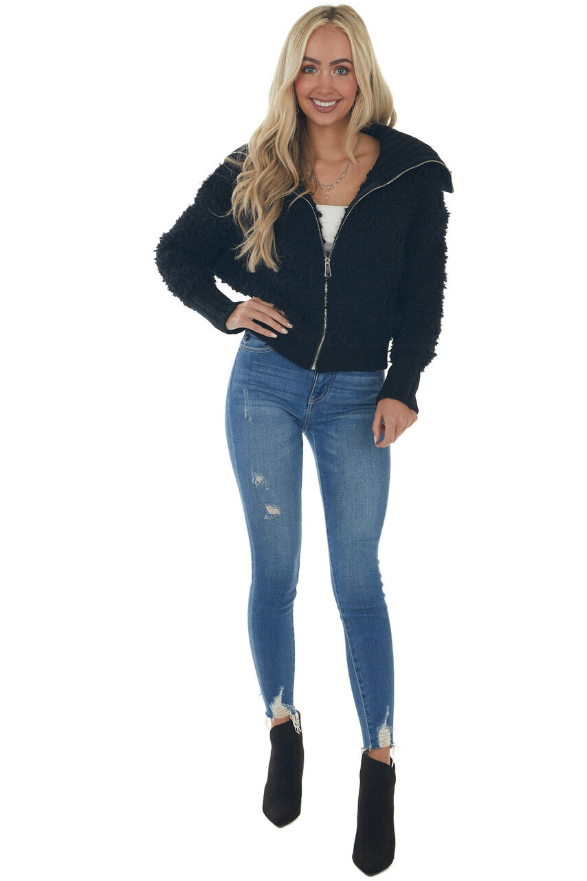 Black Teddy Turtleneck Zip Up Sweater Jacket 
