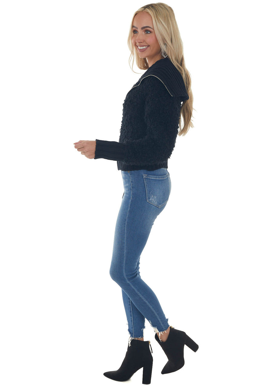 Black Teddy Turtleneck Zip Up Sweater Jacket 