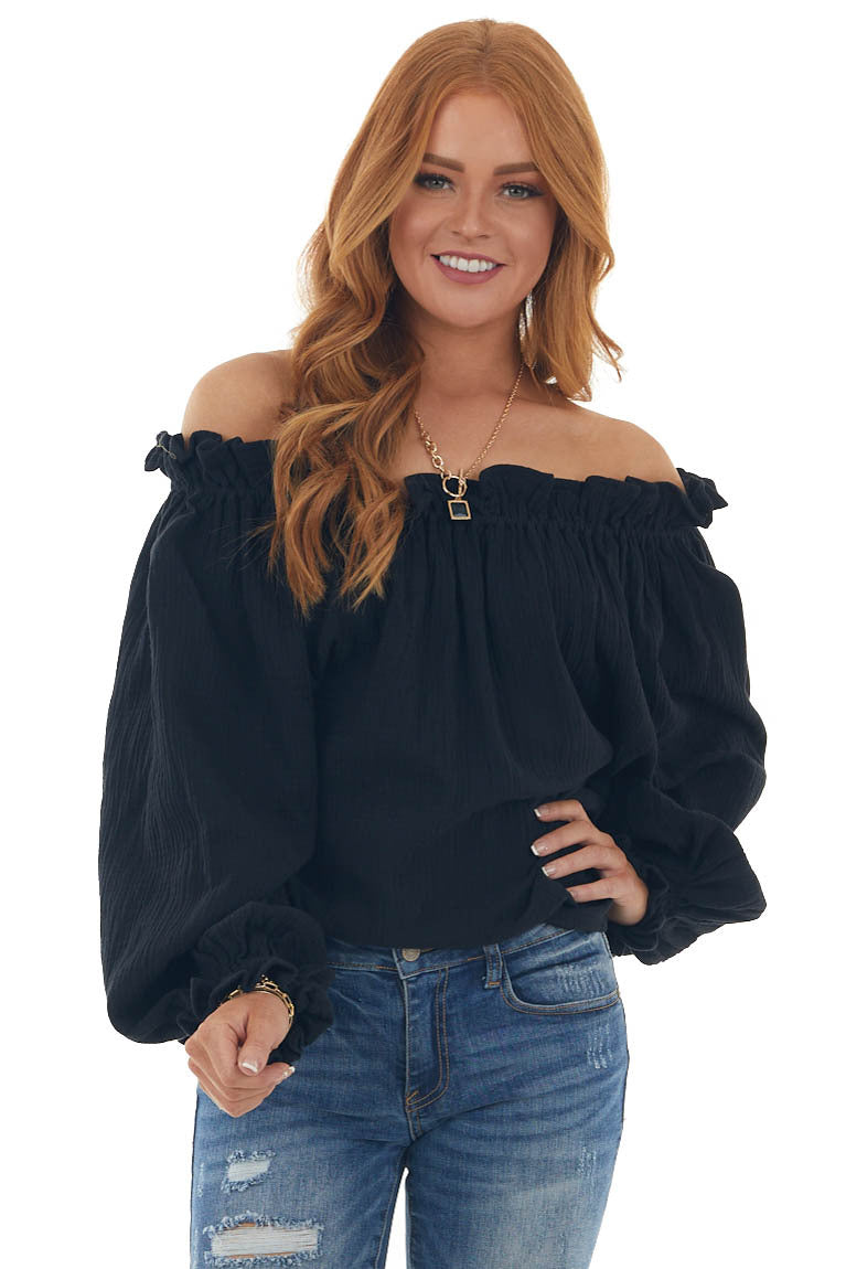 Black Textured Off Shoulder Frill Blouse