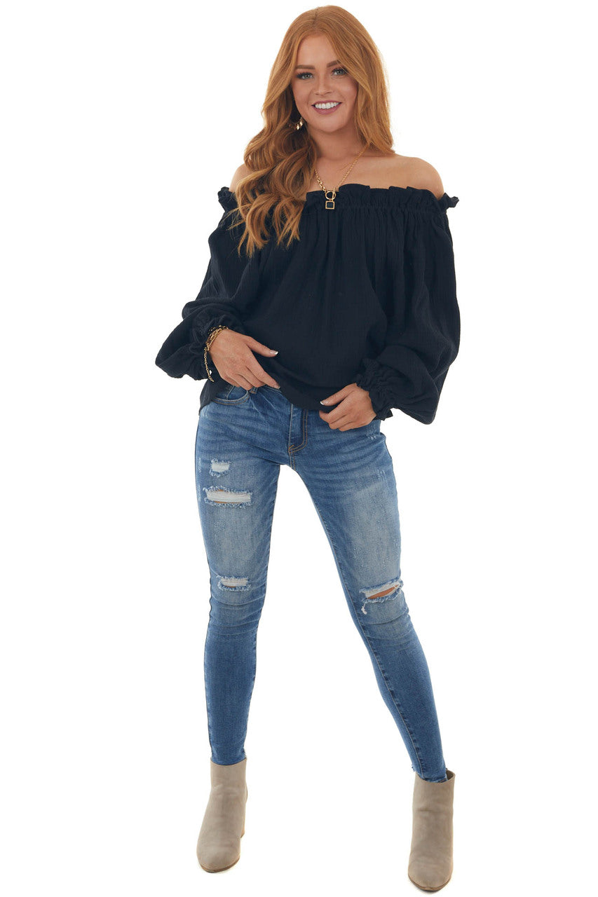 Black Textured Off Shoulder Frill Blouse