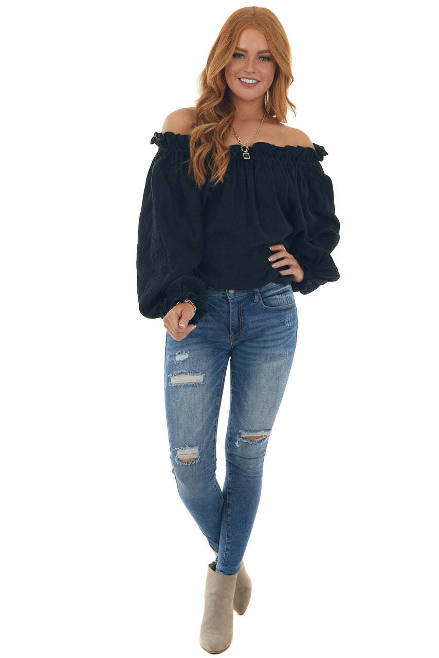 Black Textured Off Shoulder Frill Blouse