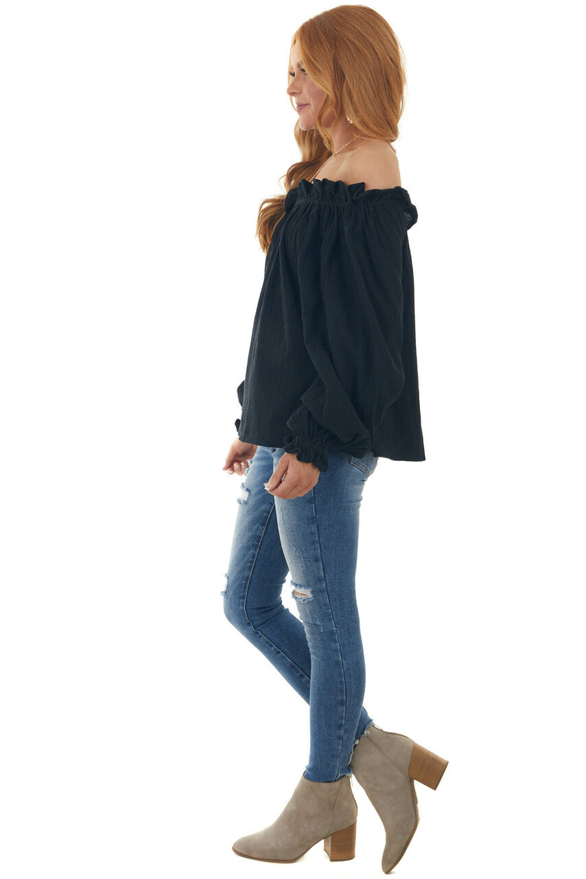 Black Textured Off Shoulder Frill Blouse